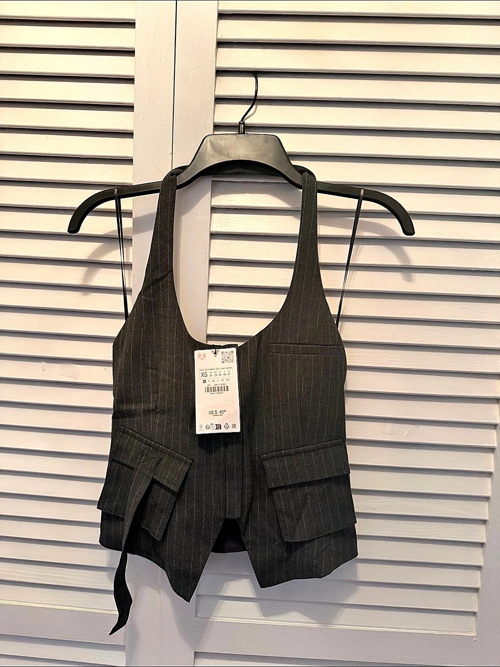 Zara Halter Top /vest with Pockets Pinstripe Gray lined ,front zipper Size XS